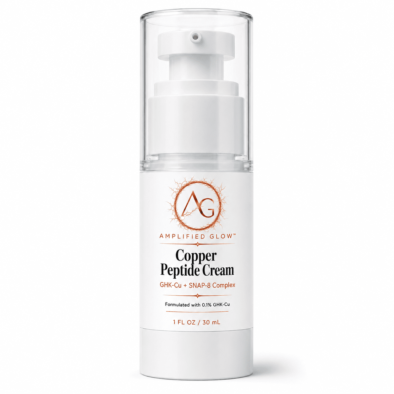 Amplified Glow Copper Peptide Renewal Cream in a 30 mL pump bottle.