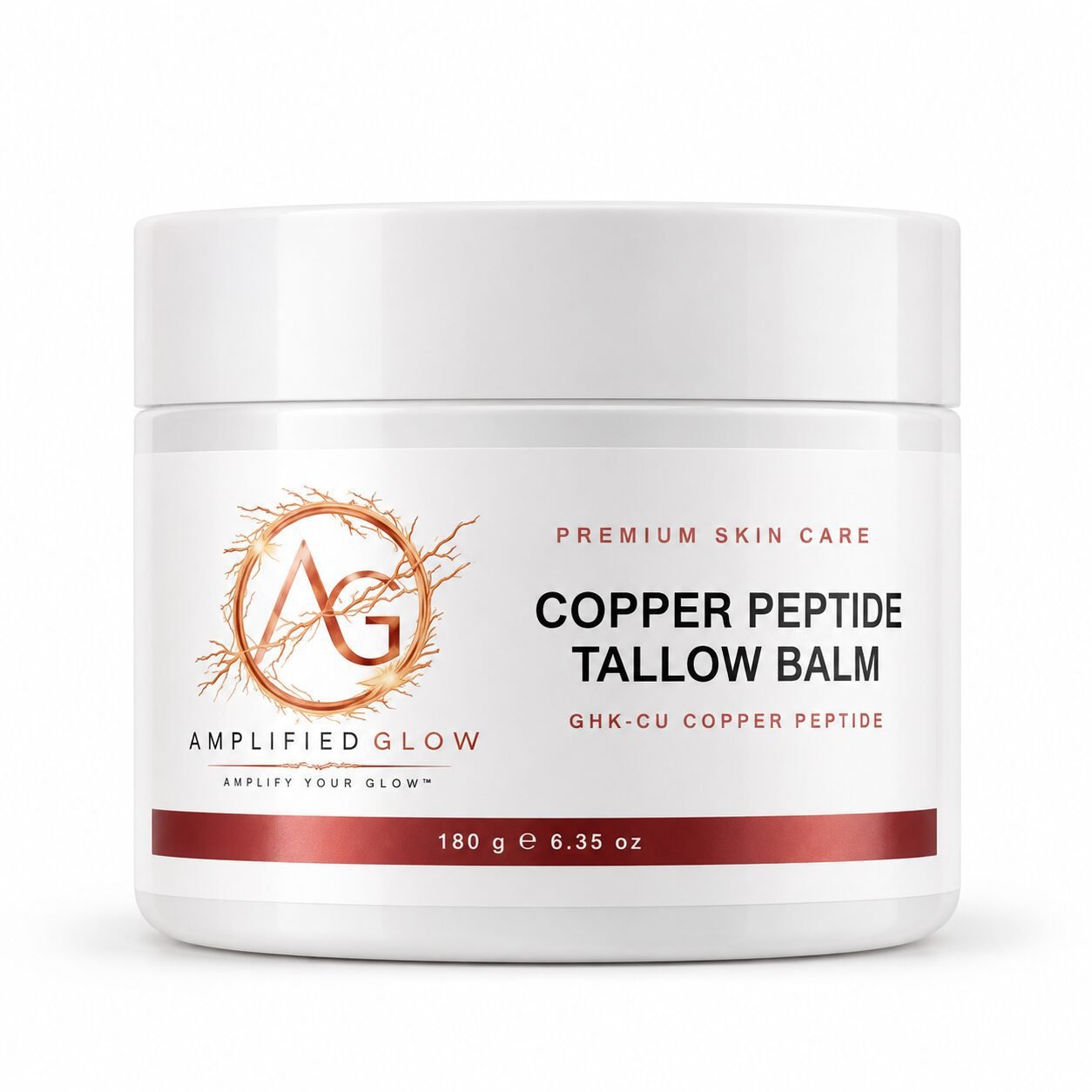 Amplified Glow Copper Peptide Tallow Balm jar labelled 180 g.